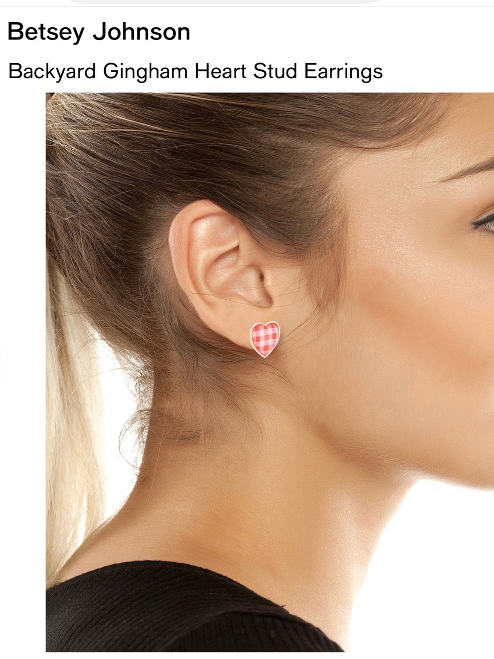Betsey Johnson Pink Gingham Heart Stud Earrings